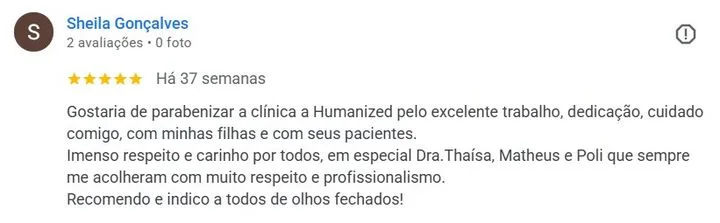 Avaliação Google de paciente da Humanized
