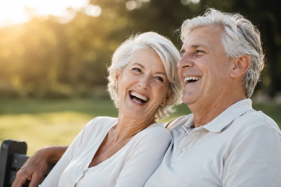 Casal sorrindo após tratamento de implante dentário na Humanized
